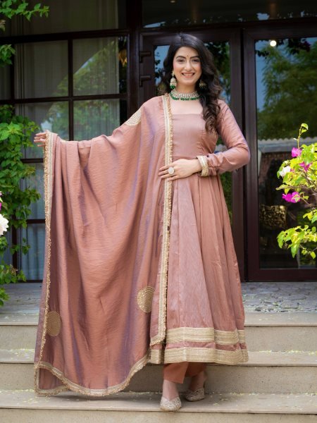 Mesmerizing Blush Brown Designer Vichitra Anarkali Pant Dupatta Set with Fancy Lace Work Ready To Wear Collection