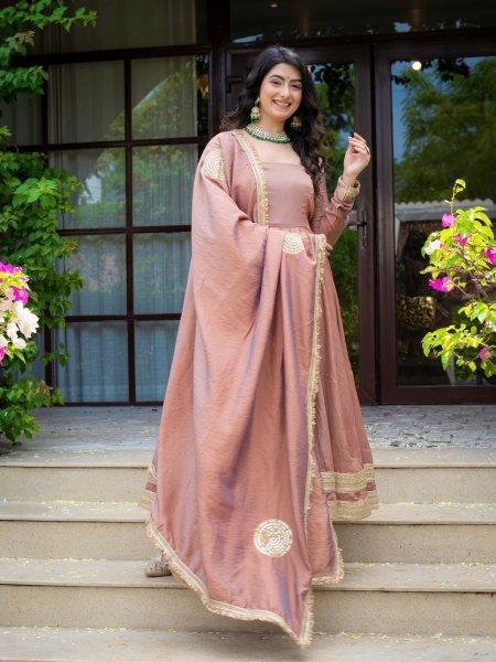 Mesmerizing Blush Brown Designer Vichitra Anarkali Pant Dupatta Set with Fancy Lace Work Ready To Wear Collection