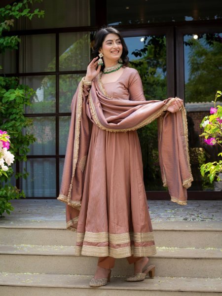 Mesmerizing Blush Brown Designer Vichitra Anarkali Pant Dupatta Set with Fancy Lace Work Ready To Wear Collection
