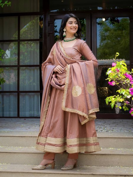 Mesmerizing Blush Brown Designer Vichitra Anarkali Pant Dupatta Set with Fancy Lace Work Ready To Wear Collection