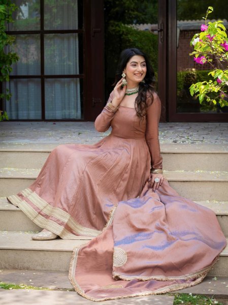 Mesmerizing Blush Brown Designer Vichitra Anarkali Pant Dupatta Set with Fancy Lace Work Ready To Wear Collection
