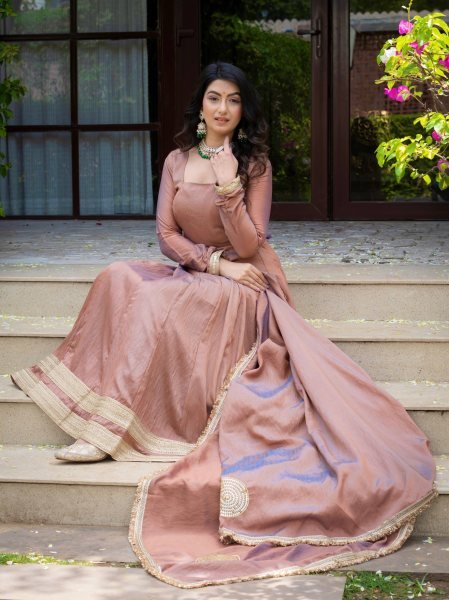 Mesmerizing Blush Brown Designer Vichitra Anarkali Pant Dupatta Set with Fancy Lace Work Ready To Wear Collection