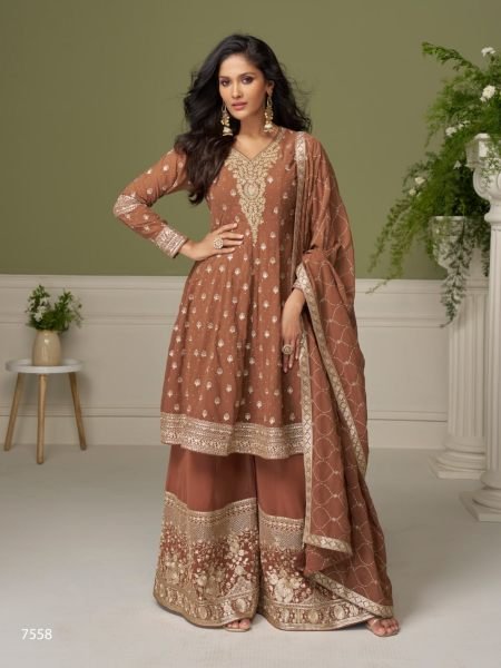 Mesmerizing Brown Georgette Suit Set with Heavy Sequin and Diamond Work 