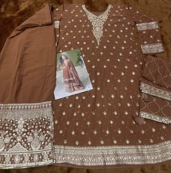 Mesmerizing Brown Georgette Suit Set with Heavy Sequin and Diamond Work Designer Plazzo Salwar Suits Wholesale