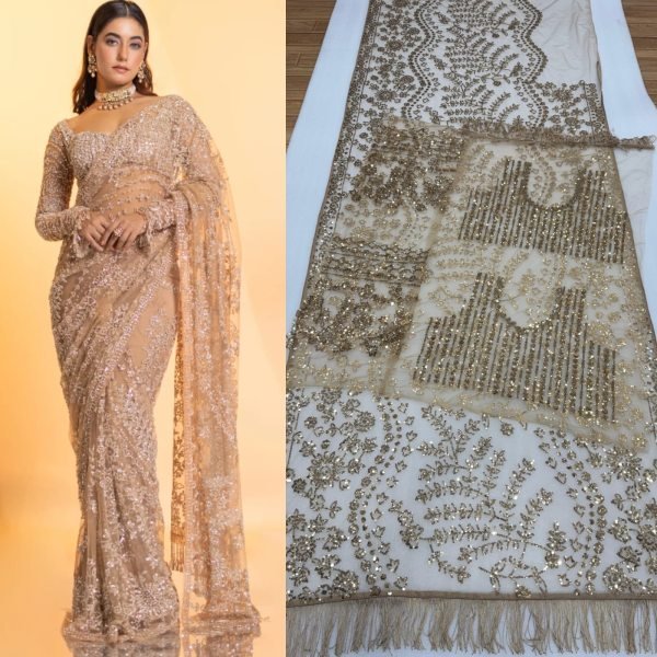 Mesmerizing Champagne Colored Wedding Saree Made From Heavy Quality Butterfly Net Bollywood Fancy Sarees Wholesale