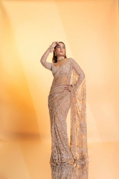 Mesmerizing Champagne Colored Wedding Saree Made From Heavy Quality Butterfly Net Bollywood Fancy Sarees Wholesale