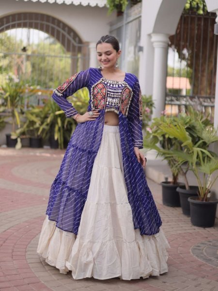 Mesmerizing Cream Blue Kora Cotton Lehenga with Faux Georgette Laheriya Kurti  Lehenga