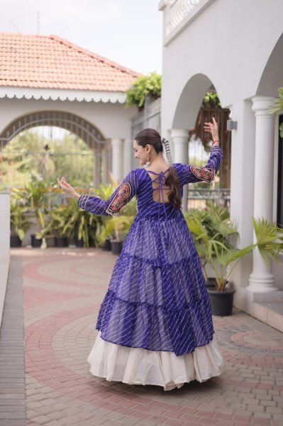 Mesmerizing Cream Blue Kora Cotton Lehenga with Faux Georgette Laheriya Kurti Navratri Lehnega Choli