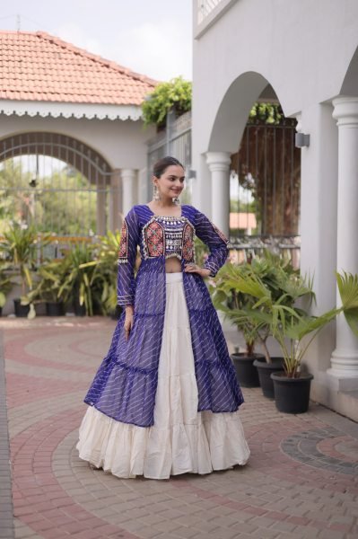 Mesmerizing Cream Blue Kora Cotton Lehenga with Faux Georgette Laheriya Kurti Navratri Lehnega Choli