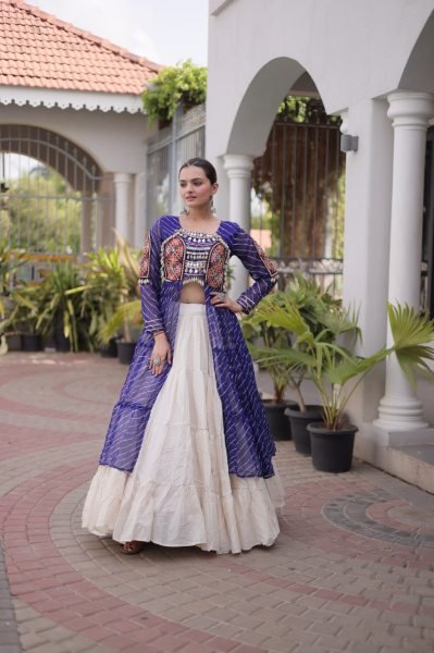 Mesmerizing Cream Blue Kora Cotton Lehenga with Faux Georgette Laheriya Kurti Navratri Lehnega Choli