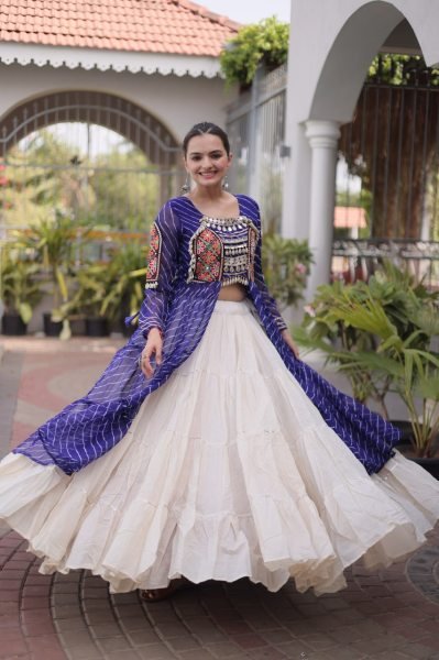 Mesmerizing Cream Blue Kora Cotton Lehenga with Faux Georgette Laheriya Kurti Navratri Lehnega Choli
