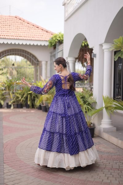 Mesmerizing Cream Blue Kora Cotton Lehenga with Faux Georgette Laheriya Kurti Navratri Lehnega Choli