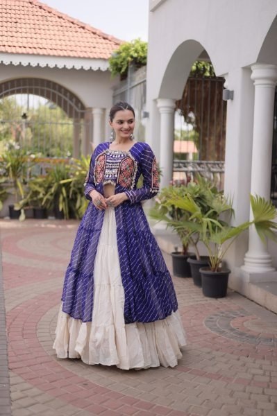 Mesmerizing Cream Blue Kora Cotton Lehenga with Faux Georgette Laheriya Kurti Navratri Lehnega Choli