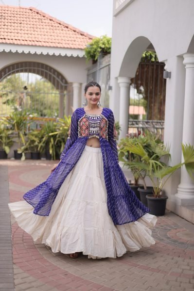 Mesmerizing Cream Blue Kora Cotton Lehenga with Faux Georgette Laheriya Kurti Navratri Lehnega Choli