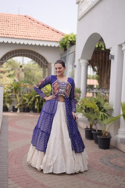 Mesmerizing Cream Blue Kora Cotton Lehenga with Faux Georgette Laheriya Kurti Navratri Lehnega Choli
