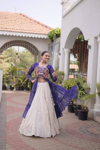 Mesmerizing Cream Blue Kora Cotton Lehenga with Faux Georgette Laheriya Kurti Navratri Lehnega Choli