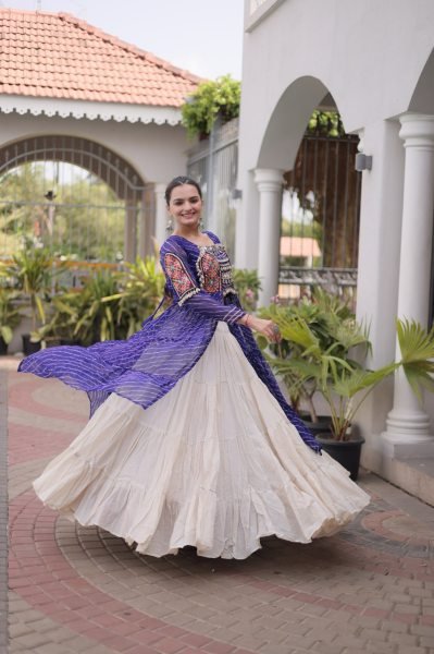 Mesmerizing Cream Blue Kora Cotton Lehenga with Faux Georgette Laheriya Kurti Navratri Lehnega Choli