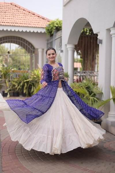 Mesmerizing Cream Blue Kora Cotton Lehenga with Faux Georgette Laheriya Kurti Navratri Lehnega Choli