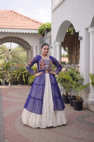 Mesmerizing Cream Blue Kora Cotton Lehenga with Faux Georgette Laheriya Kurti Navratri Lehnega Choli