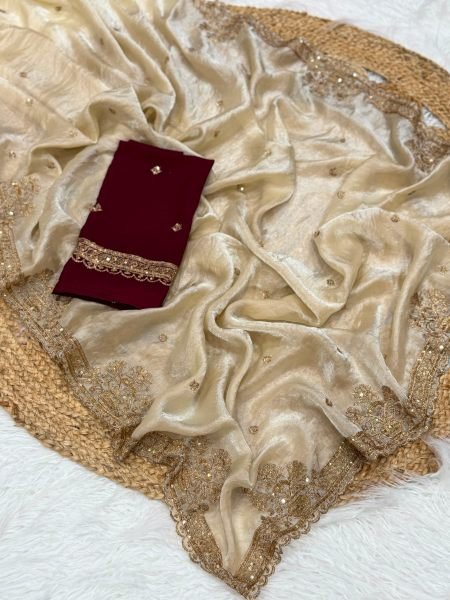 Mesmerizing Cream Designer Fendy Satin Saree with Embroidered Blouse at Wholesale Rate Embroidery Sarees Wholesale