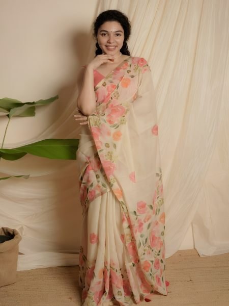 Mesmerizing Cream Linen Cotton Saree with Gold Patti Weaving and Floral Digital Print Sarees 