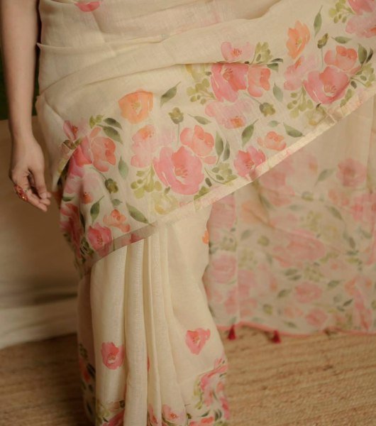 Mesmerizing Cream Linen Cotton Saree with Gold Patti Weaving and Floral Digital Print Printed Cotton Sarees Wholesale