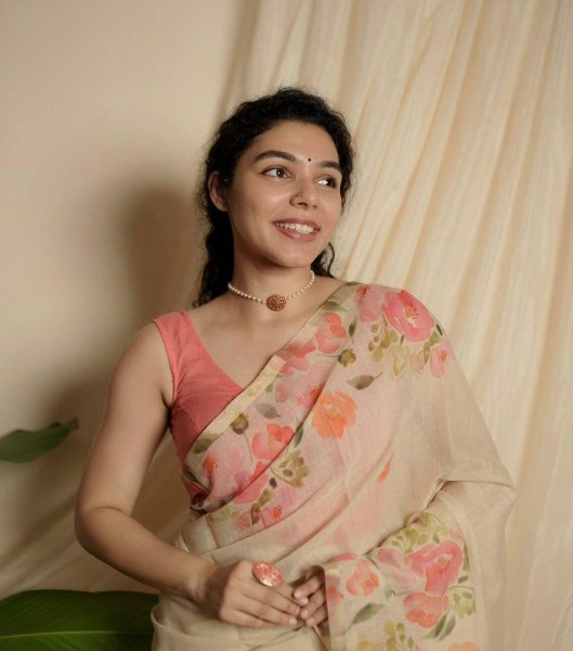 Mesmerizing Cream Linen Cotton Saree with Gold Patti Weaving and Floral Digital Print Printed Cotton Sarees Wholesale