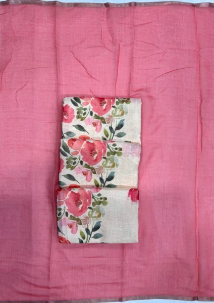 Mesmerizing Cream Linen Cotton Saree with Gold Patti Weaving and Floral Digital Print Printed Cotton Sarees Wholesale