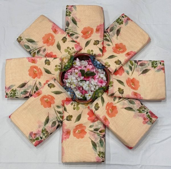 Mesmerizing Cream Linen Cotton Saree with Gold Patti Weaving and Floral Digital Print Printed Cotton Sarees Wholesale