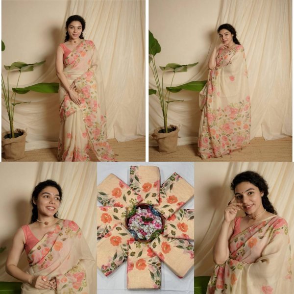 Mesmerizing Cream Linen Cotton Saree with Gold Patti Weaving and Floral Digital Print Printed Cotton Sarees Wholesale