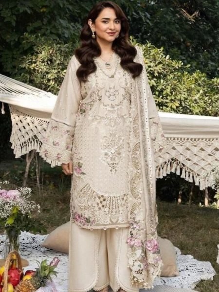 Mesmerizing Cream Premium Cambric Cotton Semi Stitched Suit with Heavy Embroidery Work 