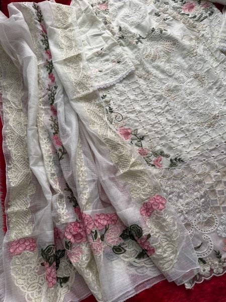 Mesmerizing Cream Premium Cambric Cotton Semi Stitched Suit with Heavy Embroidery Work Pakistani Suits Wholesale