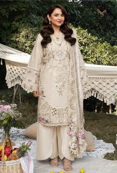 Mesmerizing Cream Premium Cambric Cotton Semi Stitched Suit with Heavy Embroidery Work Pakistani Suits Wholesale