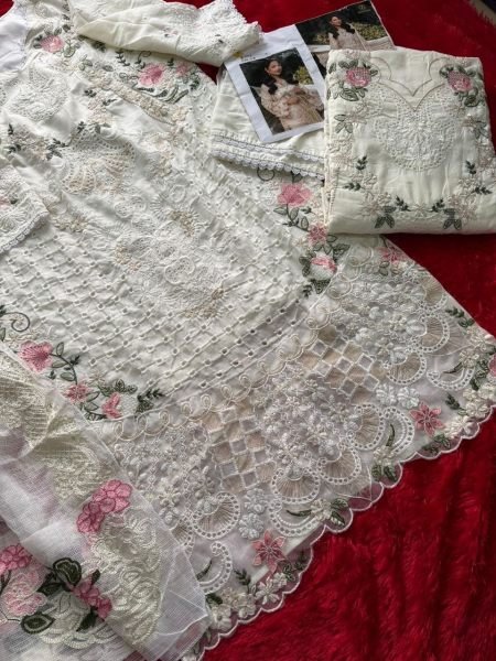 Mesmerizing Cream Premium Cambric Cotton Semi Stitched Suit with Heavy Embroidery Work Pakistani Suits Wholesale