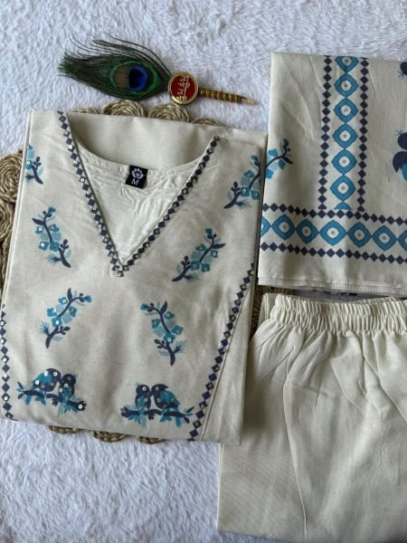 Mesmerizing Cream Pure Khadi Cotton Suit with Digital Print and Sequins Hand Work Cotton Kurtis Wholesale