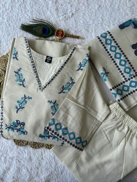 Mesmerizing Cream Pure Khadi Cotton Suit with Digital Print and Sequins Hand Work Cotton Kurtis Wholesale