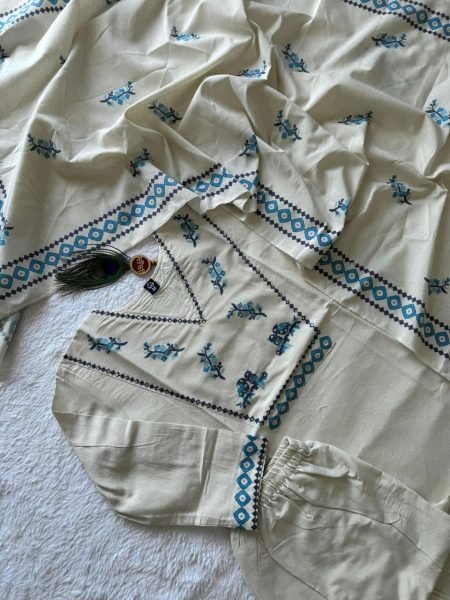 Mesmerizing Cream Pure Khadi Cotton Suit with Digital Print and Sequins Hand Work Cotton Kurtis Wholesale