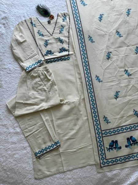 Mesmerizing Cream Pure Khadi Cotton Suit with Digital Print and Sequins Hand Work Cotton Kurtis Wholesale