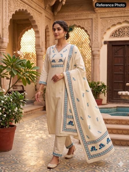 Mesmerizing Cream Pure Khadi Cotton Suit with Digital Print and Sequins Hand Work Cotton Kurtis Wholesale
