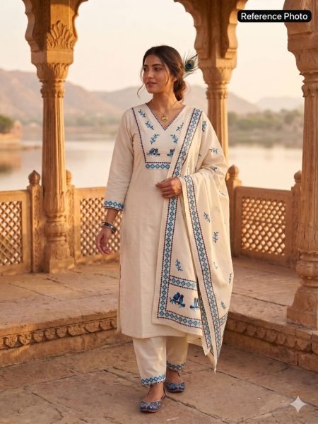 Mesmerizing Cream Pure Khadi Cotton Suit with Digital Print and Sequins Hand Work Cotton Kurtis Wholesale