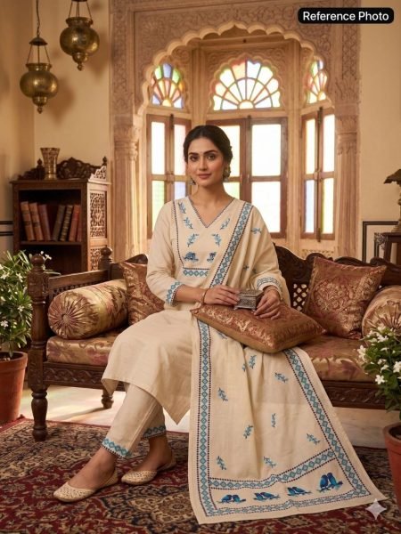 Mesmerizing Cream Pure Khadi Cotton Suit with Digital Print and Sequins Hand Work Cotton Kurtis Wholesale
