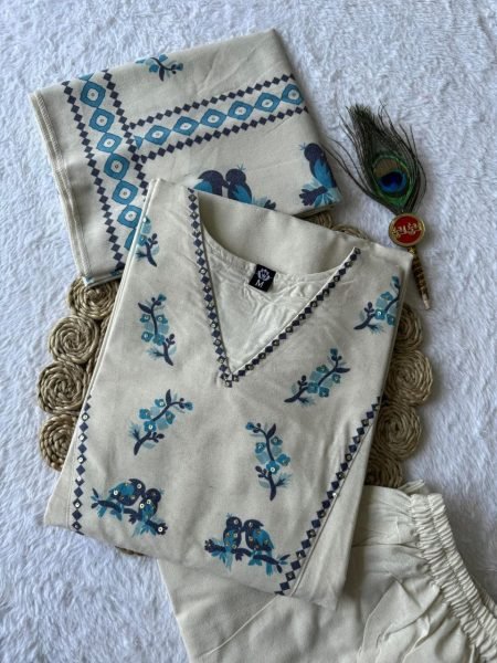 Mesmerizing Cream Pure Khadi Cotton Suit with Digital Print and Sequins Hand Work Cotton Kurtis Wholesale