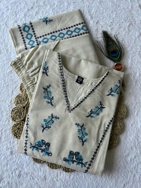 Mesmerizing Cream Pure Khadi Cotton Suit with Digital Print and Sequins Hand Work Cotton Kurtis Wholesale