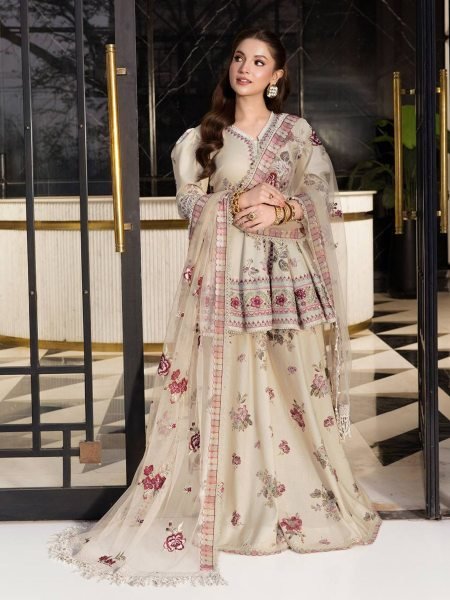 Mesmerizing Cream Stylish Puff Sleeve Peplum Suit with Net Dupatta Ready To Wear Suit