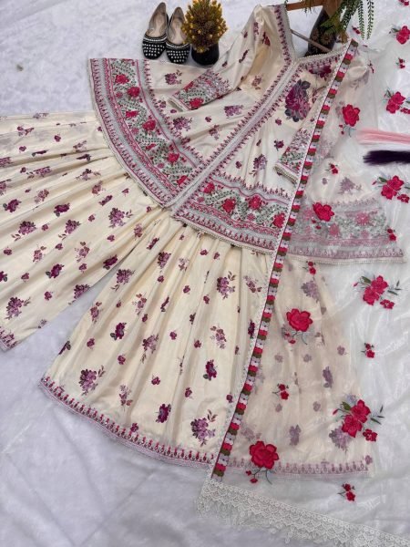 Mesmerizing Cream Stylish Puff Sleeve Peplum Suit with Net Dupatta Ready To Wear Collection