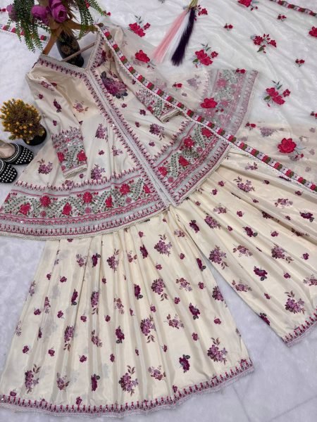 Mesmerizing Cream Stylish Puff Sleeve Peplum Suit with Net Dupatta Ready To Wear Collection