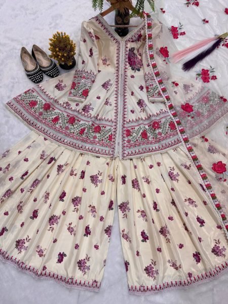 Mesmerizing Cream Stylish Puff Sleeve Peplum Suit with Net Dupatta Ready To Wear Collection
