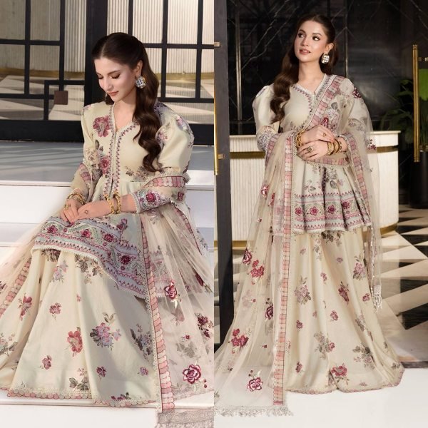 Mesmerizing Cream Stylish Puff Sleeve Peplum Suit with Net Dupatta Ready To Wear Collection