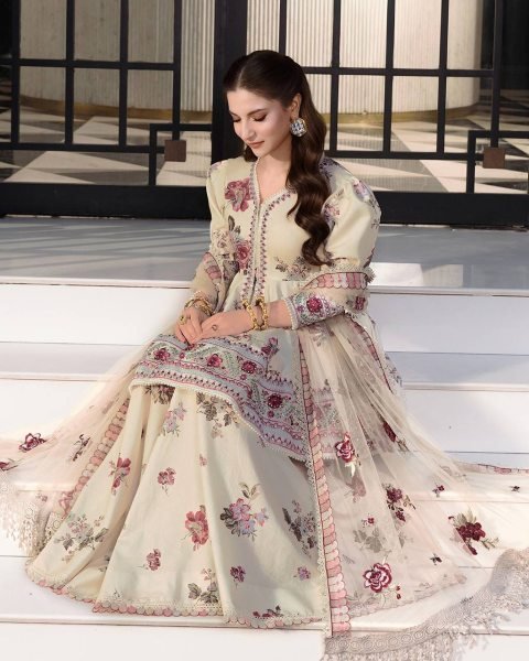 Mesmerizing Cream Stylish Puff Sleeve Peplum Suit with Net Dupatta Ready To Wear Collection