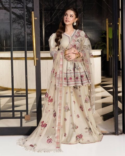 Mesmerizing Cream Stylish Puff Sleeve Peplum Suit with Net Dupatta Ready To Wear Collection